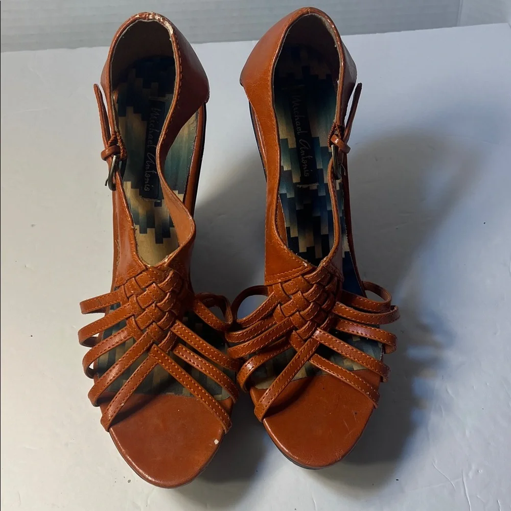 Michael Antonis Women’s orange Wedge Sandals - Strappy Platform Heels size 9.5